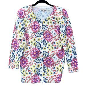 Merona Floral Cardigan Sweater Size M Pink Colorful Romantic Cottage Fairy Boho
